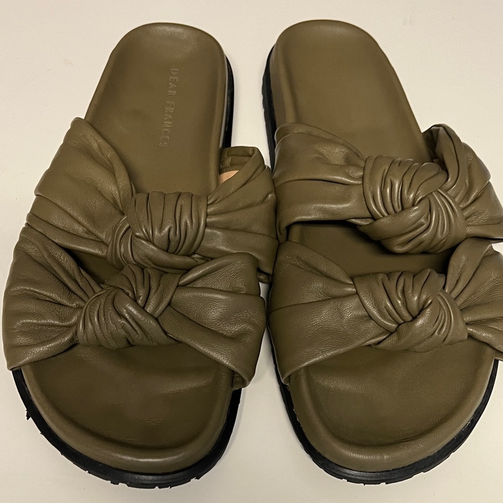 Dear Frances Olive Knotted Authentic Leather Slide Sandals